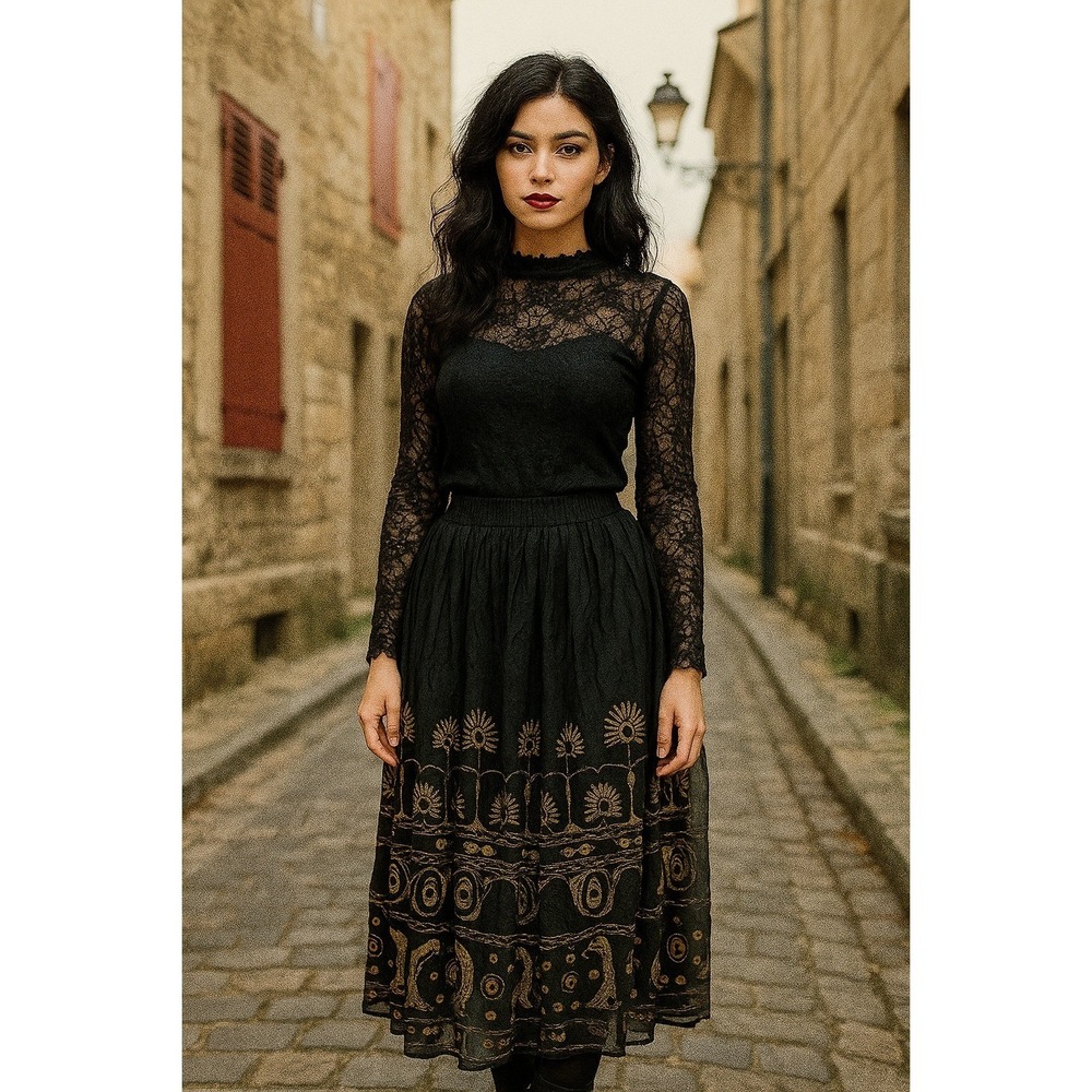 Vintage Together! Skirt Womens‎ 1X Black & Gold Organza Midi Flare Pleated Plus